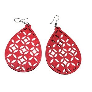 Boho Cutout Wood Teardrop Drop Style Red Earrings